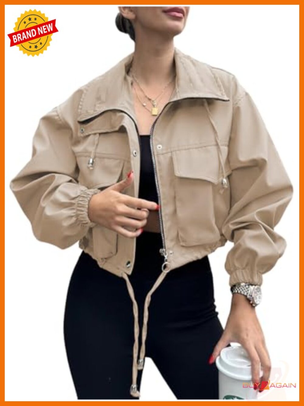 Tankaneo Womens Cropped Jacket Zip Up Lightweight Oversized Utility Anorak